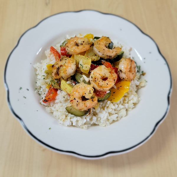 Grilled Shrimp over a Rice and Veggie Mix